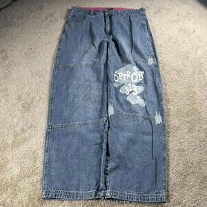 Vintage Baggy Double Knee Skater Wide Leg Graphic Embroidered Denim Jeans 38x31